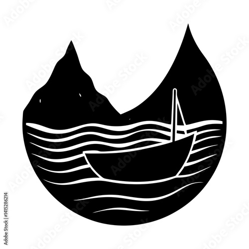 Illustration of sailboat on water with mountains silhouette