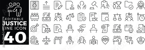 Justice Icon Set: A Line Icon Collection Featuring Gavel, Scales, Court, Law, Equality, Judge, Verdict, and More