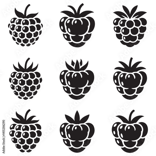 Raspberry Vector Black silhouettes icon illustration. Flat berry sweet healthy organic fruit raspberry blackberry. with white background
