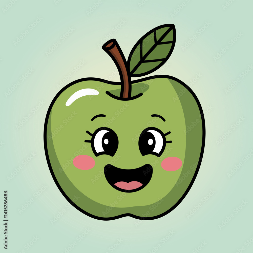 Obraz premium Cute Kawaii Green Apple with Smiling Face