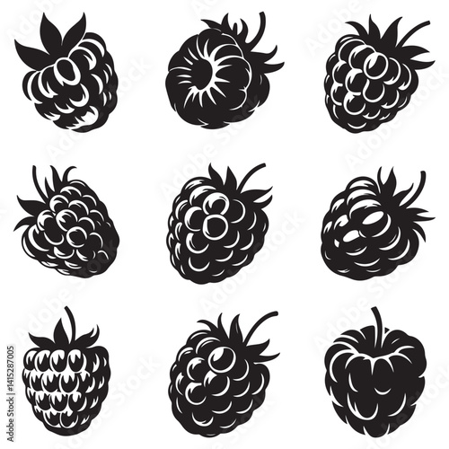 Raspberry Vector Black silhouettes icon illustration. Flat berry sweet healthy organic fruit raspberry blackberry. with white background