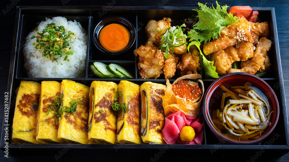 Full bento box with tamagoyaki rice pickles and kara