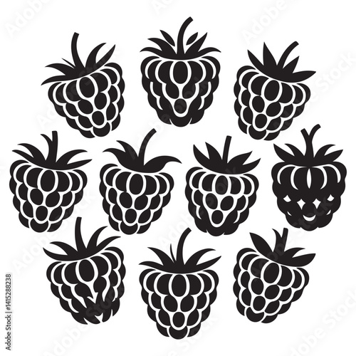 Raspberry Vector Black silhouettes icon illustration. Flat berry sweet healthy organic fruit raspberry blackberry. with white background