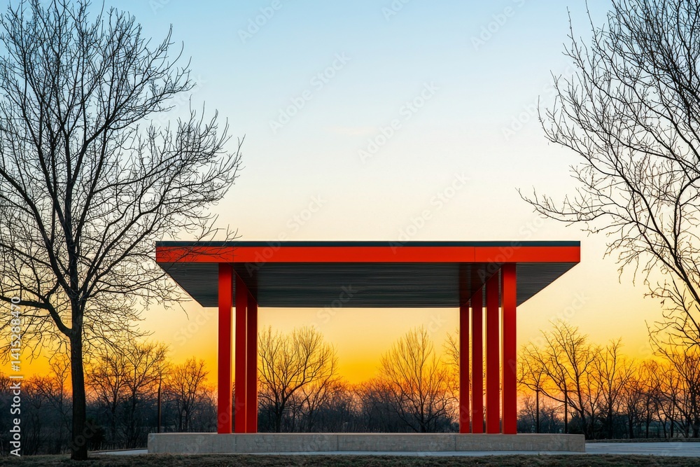 Modern Red Pavilion Structure at Sunset with Bare Trees generative ai Modern Red Pavilion Structure at Sunset with Bare Trees generative ai