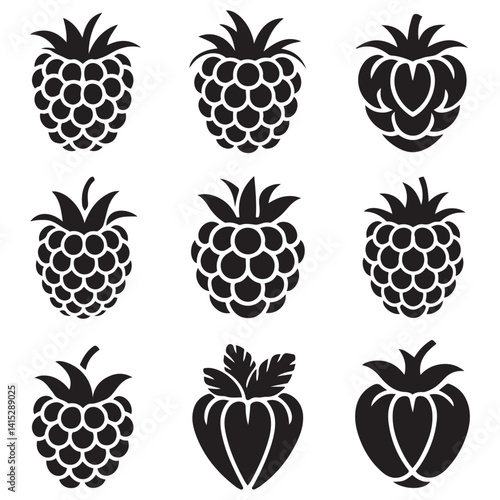Raspberry Vector Black silhouettes icon illustration. Flat berry sweet healthy organic fruit raspberry blackberry. with white background