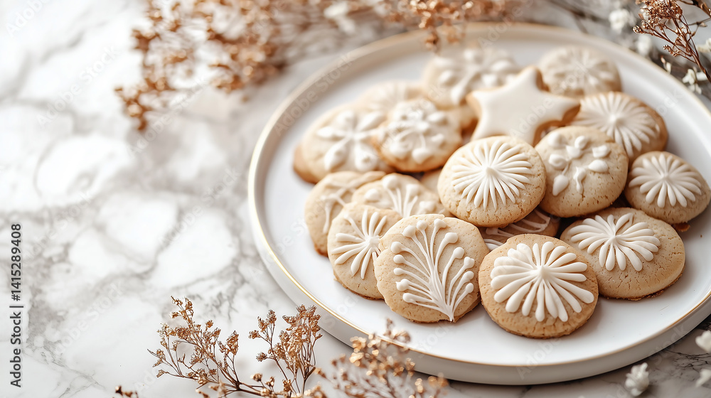 a plate of delicately iced christmas cookies with botanical patterns on a marble table with dried florals a plate of delicately iced christmas cookies with botanical patterns on a marble table with dried florals