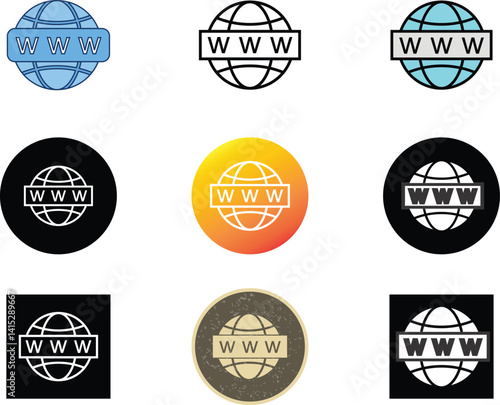 World wide web icon set with 9 colorful vector designs. Includes internet globe, hyperlink symbols, browser icons, and www graphics in a modern, minimal cartoon style.