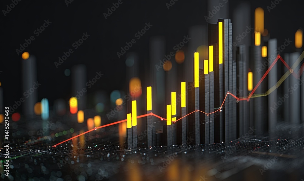 Financial market analysis with rising trends and candlestick charts