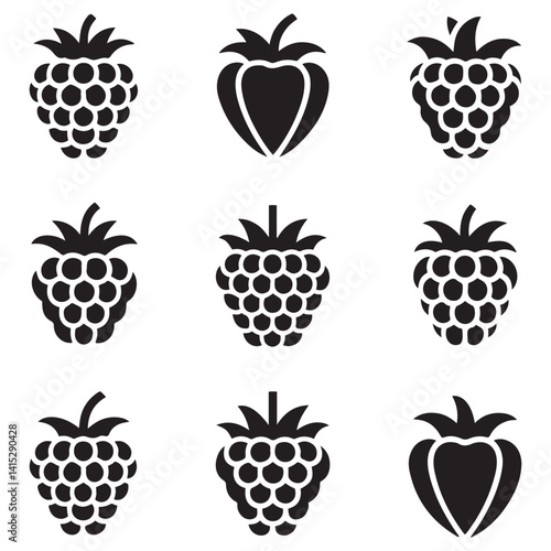 Raspberry Vector Black silhouettes icon illustration. Flat berry sweet healthy organic fruit raspberry blackberry. with white background