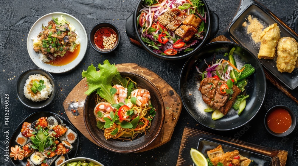 A vibrant spread of Asian cuisine featuring noodles, seafood, salads, and sushi on a dark textured background A vibrant spread of Asian cuisine featuring noodles, seafood, salads, and sushi on a dark textured background