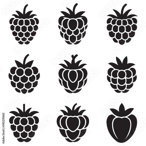 Raspberry Vector Black silhouettes icon illustration. Flat berry sweet healthy organic fruit raspberry blackberry. with white background