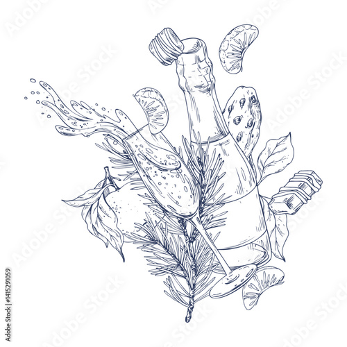 Christmas collection with levitation tangerines, sweets, spices, champagne and plants. Graphic illustration hand drawn in black ink. Composition, arrangement, sublimation EPS vector.
