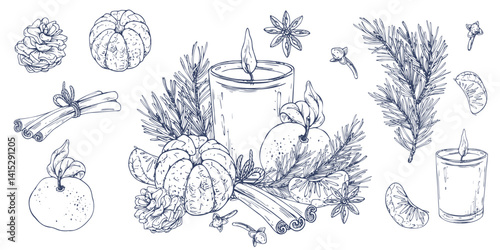 Christmas decor with tangerines, candle, sweets and pine branches. Graphic illustration hand drawn in black ink. A set of separate isolated elements of objects EPS vector.
