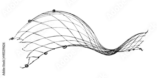 Fishing net with floats, curved by a wave. Graphic line art hand drawn on the theme of sea and fishing in black and white ink. Separate element isolated from the background EPS vector