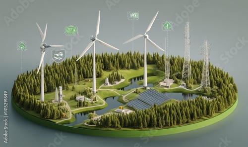 Renewable energy landscape featuring wind turbines and solar panels
