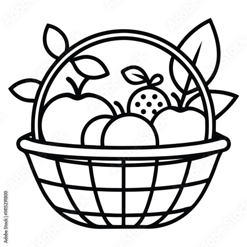Black line art fruit basket with white background