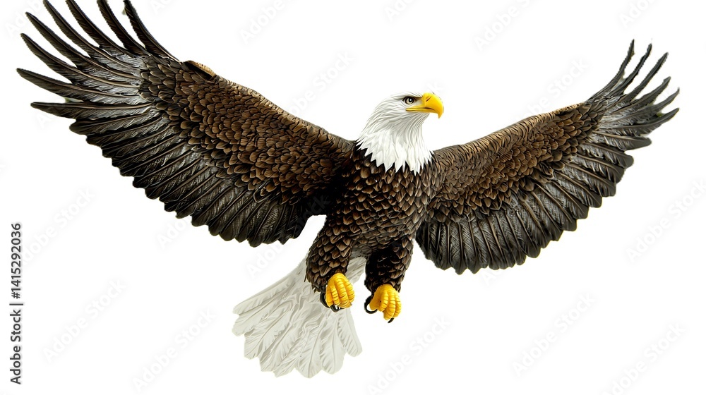 Bald eagle flying on a white background with a flag faintly visible in the distance symbolizing freedom and strength Bald eagle flying on a white background with a flag faintly visible in the distance symbolizing freedom and strength