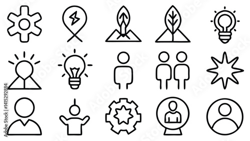 A set of vector icons illustrates business people, finance, and management concepts with simple symbols