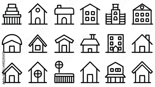 This black vector set features house, home, and building icons, perfect for web or real estate design