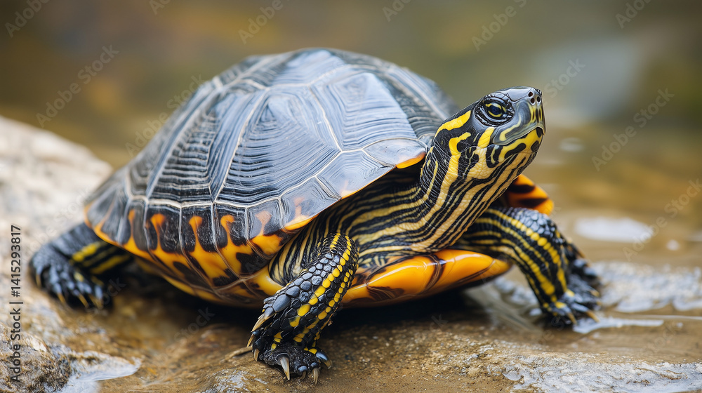 Obraz premium Close-up of colorful turtle on wet rock by the water 물가의 젖은 바위 위에 앉은 화려한 거북이 클로즈업