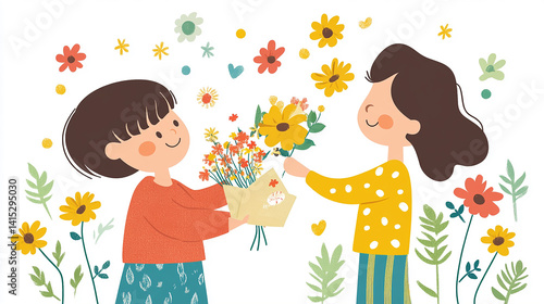 A child gives flowers to another child, surrounded by flowers and hearts. Mothers day