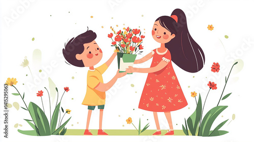 Boy gives flowers to girl on white background, illustration of children sharing.  Mothers day
