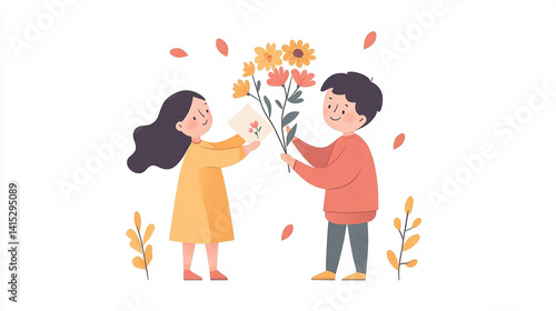 Illustration of a boy and girl exchanging flowers and a card, smiling and happy. Mothers day