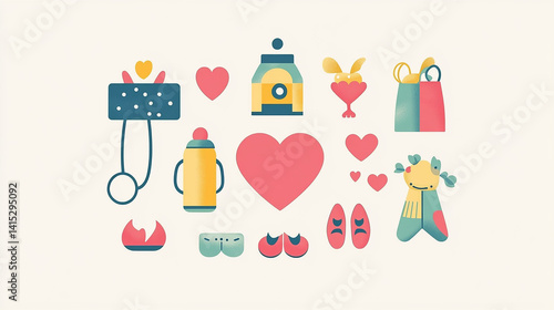 Whimsical baby themed illustration featuring bottles, hearts, booties, and toys. Mothers day
