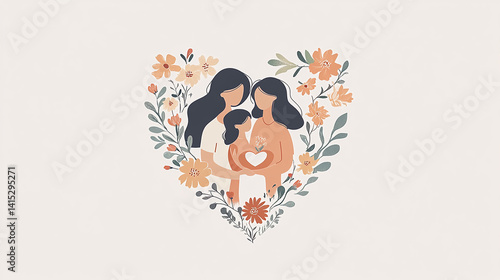 Mother and daughter embraced in floral heart, showing love and connection Mothers day