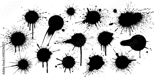 Collection Of Abstract Black Ink Splatters On White Background Grunge Vector Illustration
