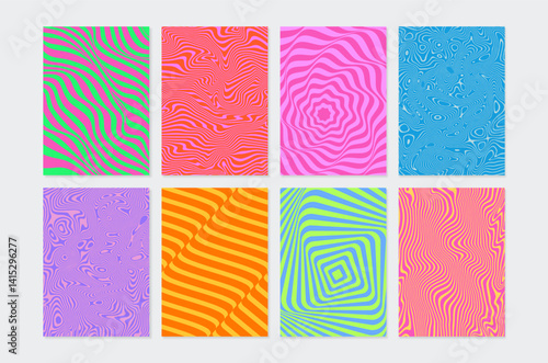 Vibrant abstract geometric backgrounds set, colorful optical illusion wavy line patterns, psychedelic design collection