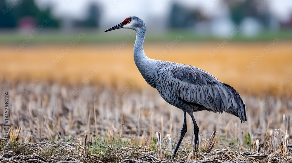 Fototapeta premium Gray crane standing in a harvested field.