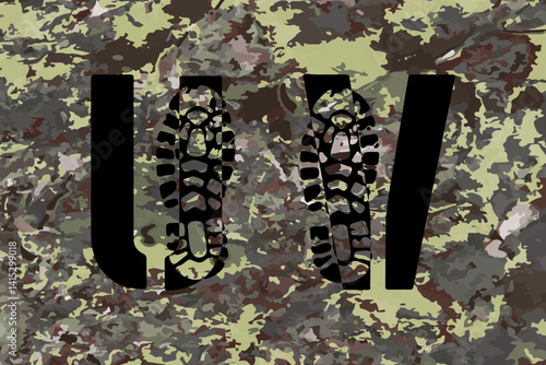 Boot print monograms. Latin letters U and V on khaki classic background