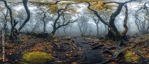 A panoramic view of an enchanting forest with twisted trees and fog.
