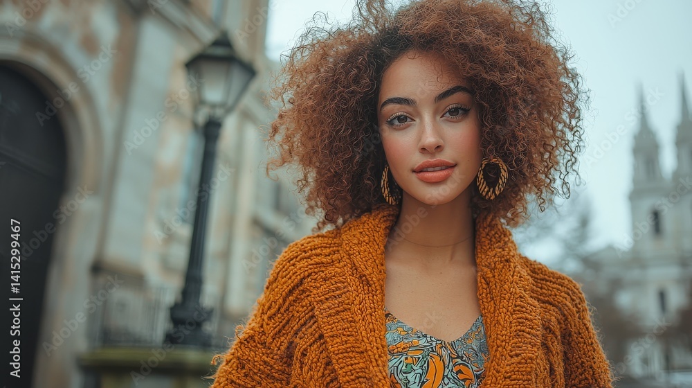 Stylish Woman with Curly Hair in a Textured Cardigan outdoors Stylish Woman with Curly Hair in a Textured Cardigan outdoors