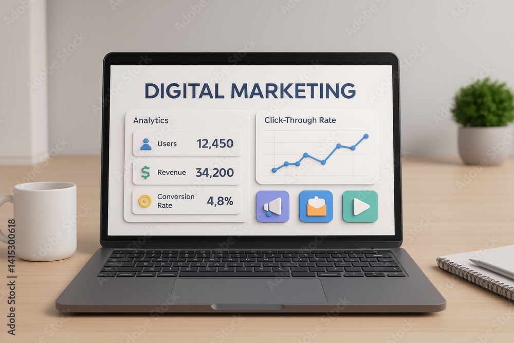 Digital Marketing Analytics Dashboard: Laptop displaying a digital marketing analytics dashboard showing key metrics such as website traffic, conversion rates, and click-through rates. Digital Marketing Analytics Dashboard: Laptop displaying a digital marketing analytics dashboard showing key metrics such as website traffic, conversion rates, and click-through rates.