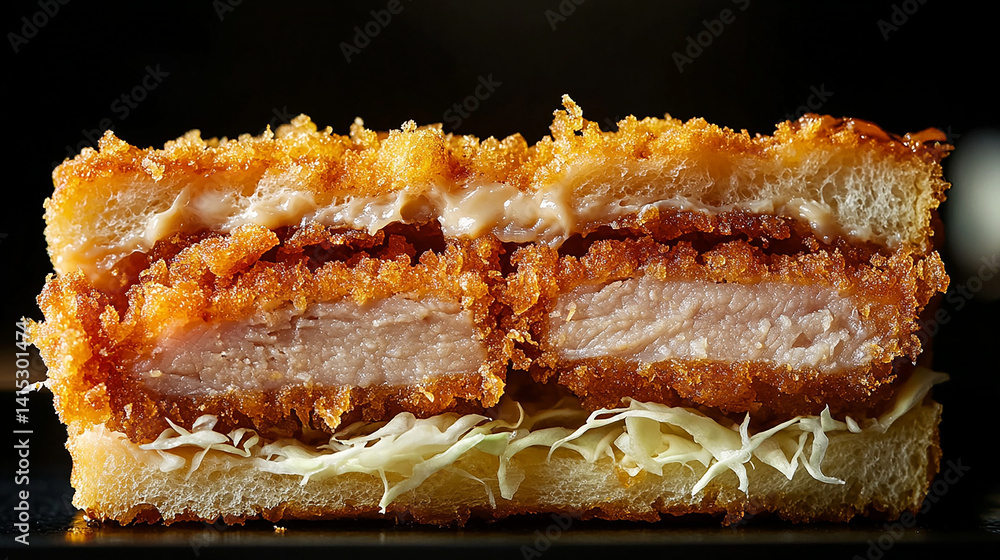Golden katsu sandwich with cross-section detail
