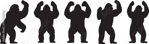 Silhouette, gorilla poses, primate evolution, muscular apes, black shapes, white background, strong stance, flexing muscles, primate diversity, anthropomorphic figures, evolutionary stages