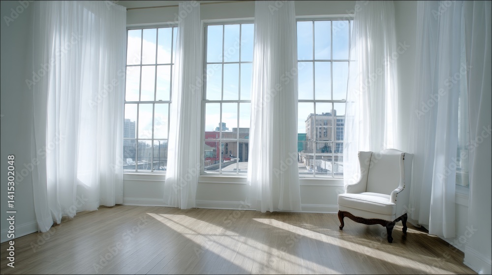 Fototapeta premium Morning light streams through sheer curtains, illuminating a minimalist interior with a focus on serenity, highlighting a cozy seating area in a stylish setting