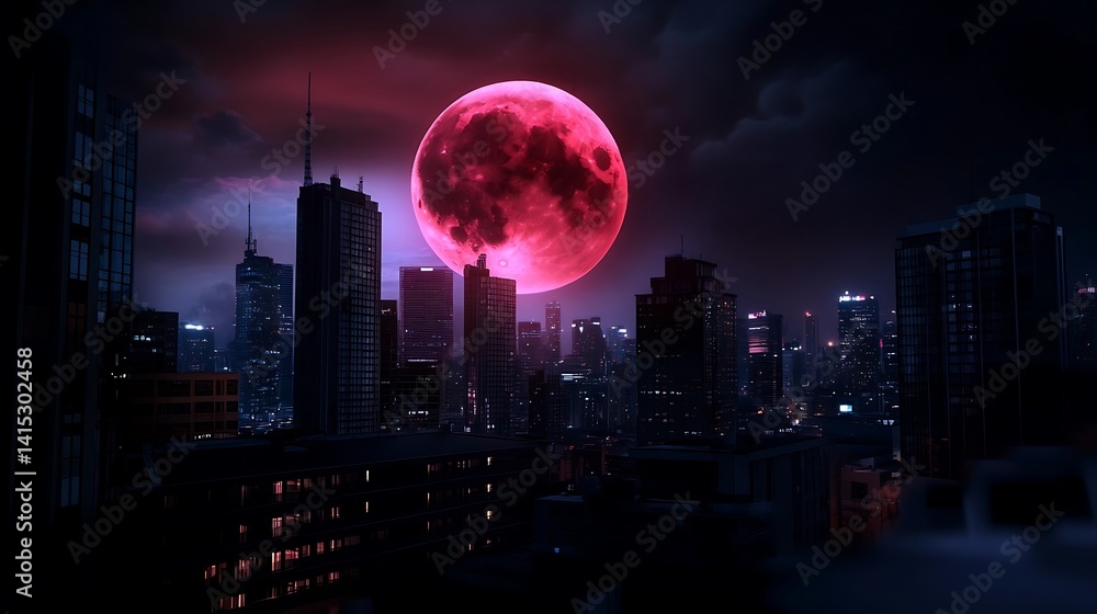 Obraz premium Crimson moon looming over a dark cityscape.