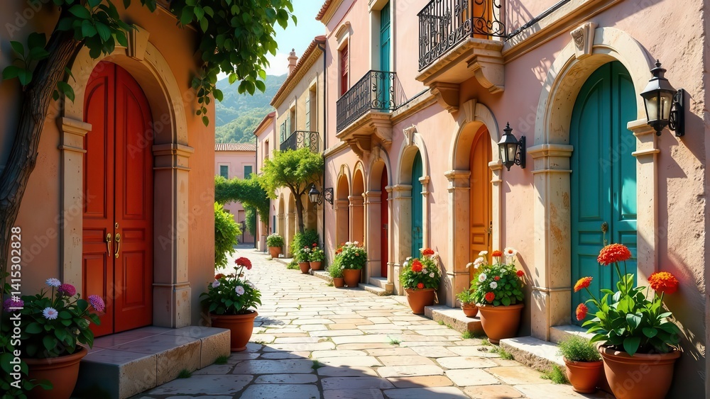 Fototapeta premium Sun-Drenched Alleyway with Vibrant Doors and Flower Pots in a Picturesque Village Setting