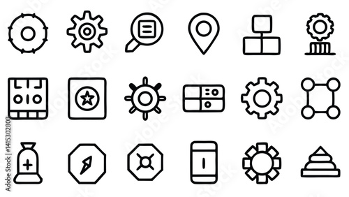 This image can be described as a vector set of black business icons for web design, featuring symbols for computer network, media, phone, people, communication, mail, and technology
