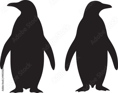 Silhouette of two penguins, black and white image, minimalist design, symmetrical composition, side view, standing pose, flightless birds, Antarctic wildlife, graphic illustration style, clean lines