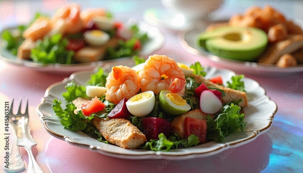 Fresh Seafood and Vegetable Salad with Avocado in a Beautiful Dining Setting Fresh Seafood and Vegetable Salad with Avocado in a Beautiful Dining Setting