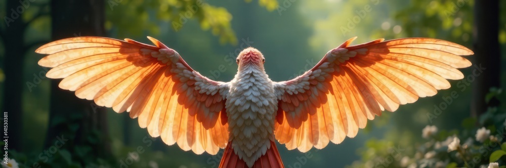 Fototapeta premium Delicate feathered wings sprouting from shoulders, wings, foliage