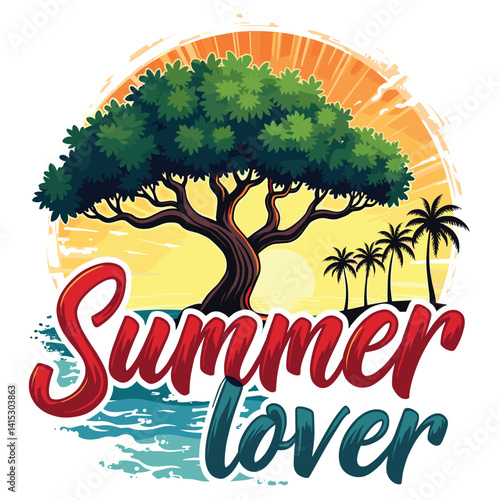 Typography summer with beech and sunset lover t-shirt design vector.