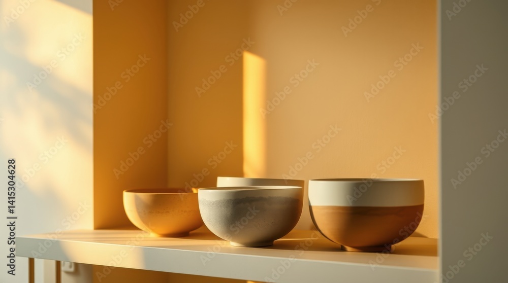 Earthenware Bowls in Golden Sunlight: A Minimalist Still Life Earthenware Bowls in Golden Sunlight: A Minimalist Still Life