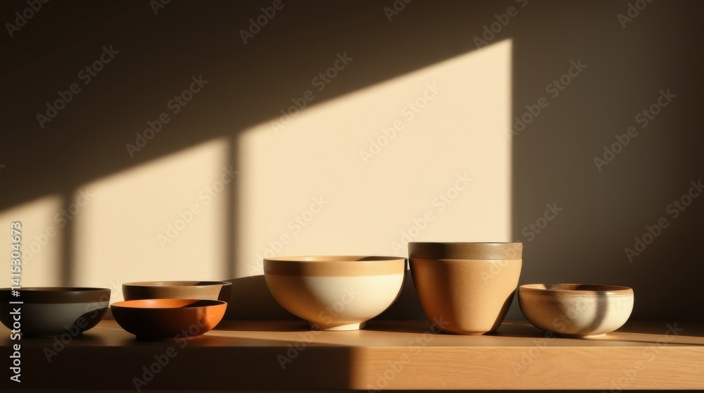Earthenware Bowls in Sunlight: A Minimalist Still Life Earthenware Bowls in Sunlight: A Minimalist Still Life