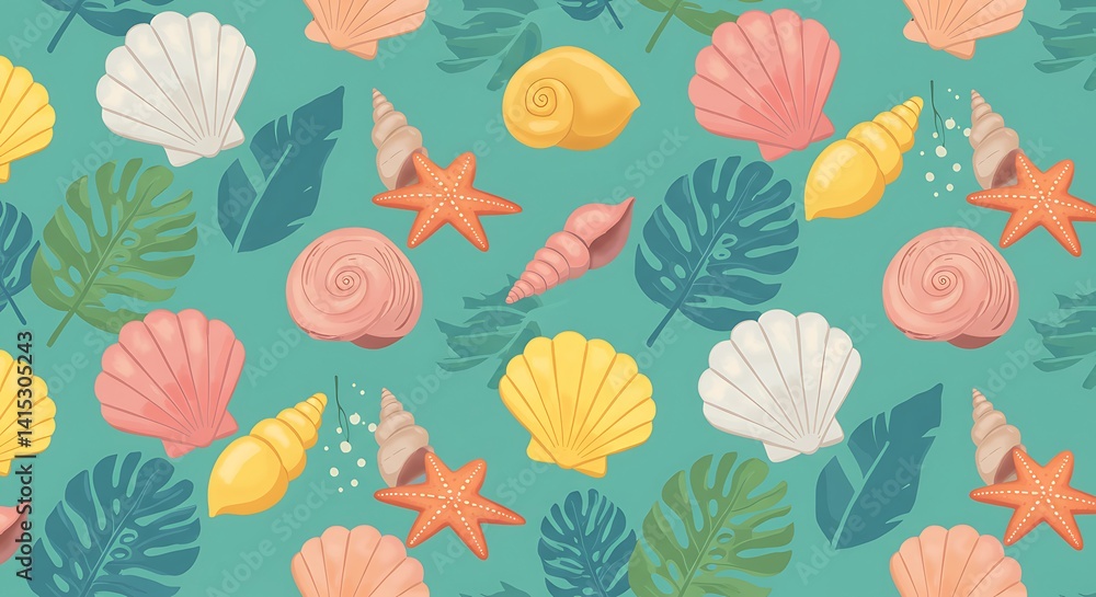 Colorful seashells pattern with tropical leaves Colorful seashells pattern with tropical leaves