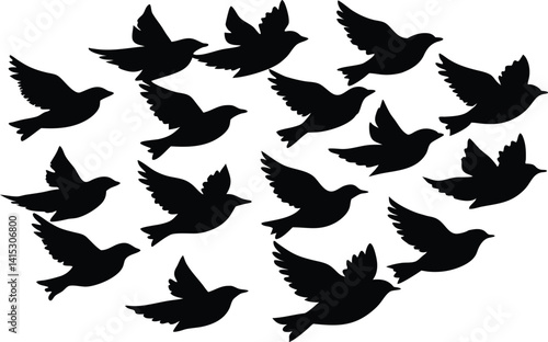  Black silhouettes of multiple birds in flight, symbolizing freedom, movement, and nature, ideal for nature, wildlife, and inspirational design themes.